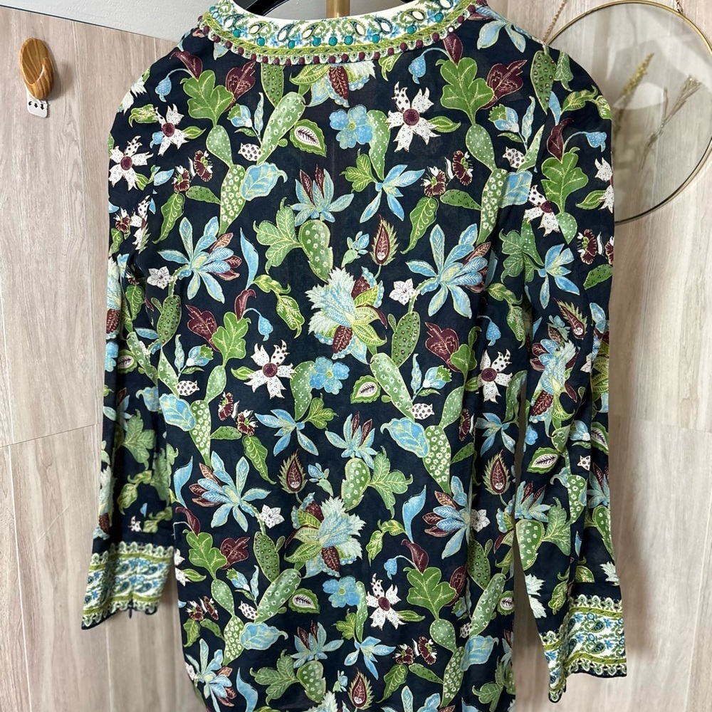 Tory Burch Embellished Garden Wisteria Beaded Garden Tunic Top Floral - Picture 2 of 15